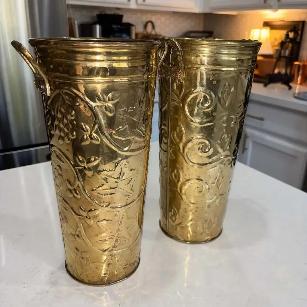 Vintage Hosley French Brass Bucket Planter Vases with Embossed Floral/Grapevine